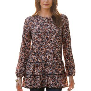 J Jill Printed Tiered Tunic Floral Size XL Navy Blue A-Line Smocked Long Sleeve